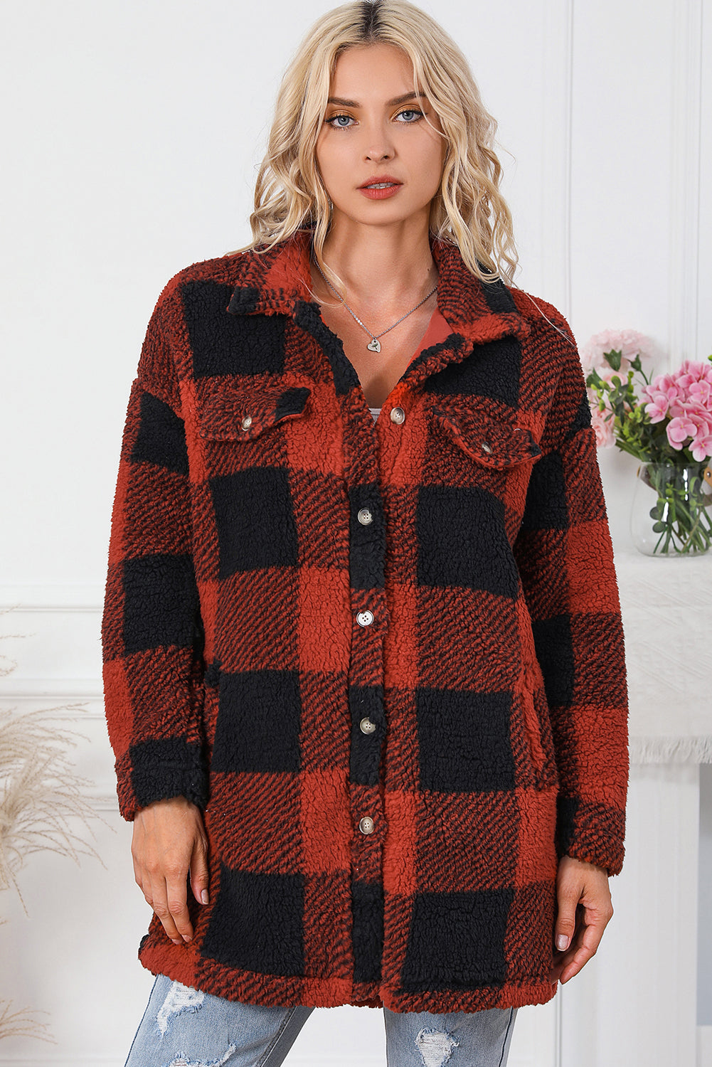 Gragsell - Fuzzy Plaid Flap Button Up Midi Coat -