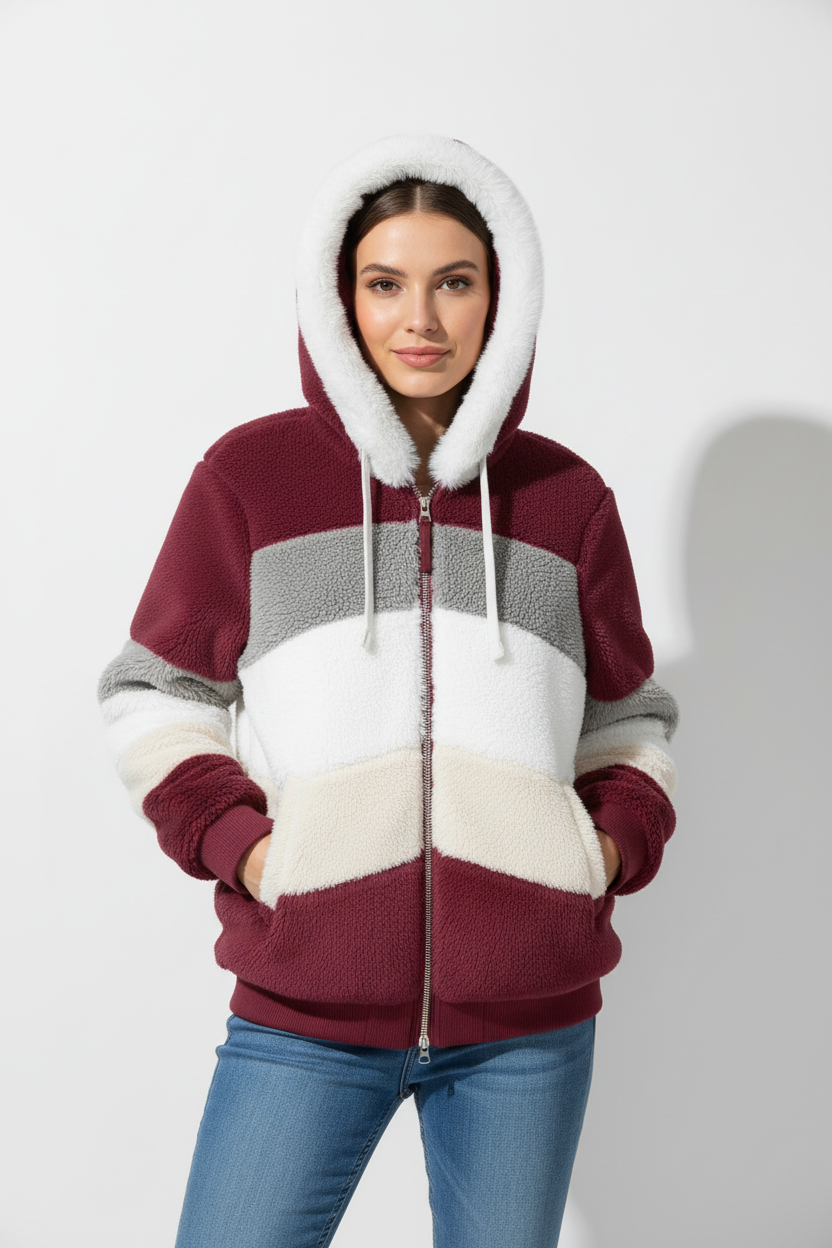 Gragsell - Colorblock Zip Up Sherpa Coat with Hooded -