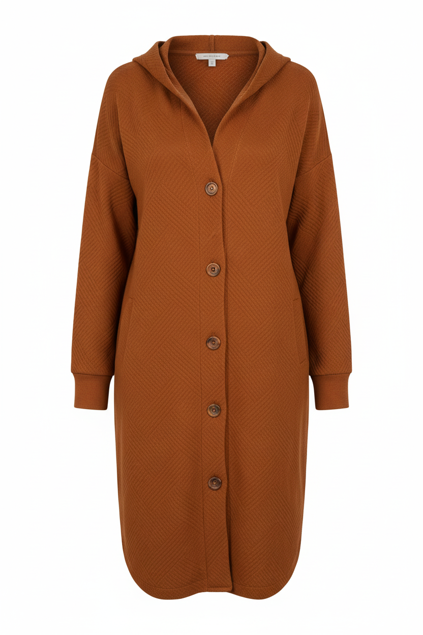 Gragsell - Gold Flame Textured Collared Drop Shoulder Buttoned Front Duster Coat - Brown