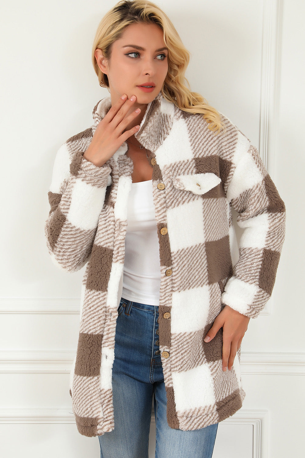 Gragsell - Fuzzy Plaid Flap Button Up Midi Coat -