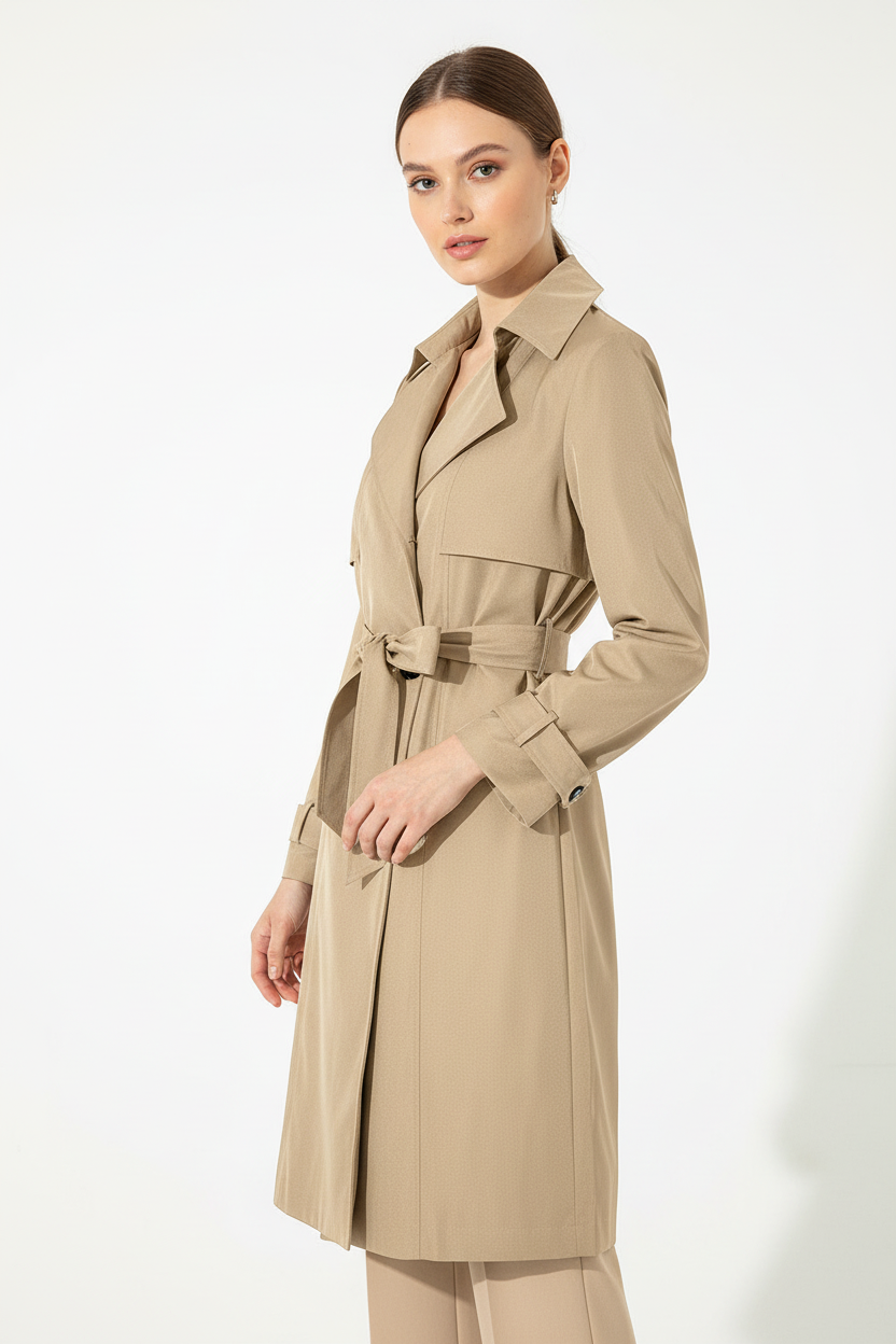 Gragsell - Pale Khaki Solid Color Lapel Collar Waist Tie Wind Coat -
