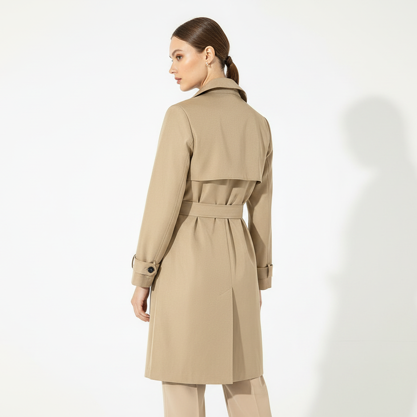 Gragsell - Pale Khaki Solid Color Lapel Collar Waist Tie Wind Coat -