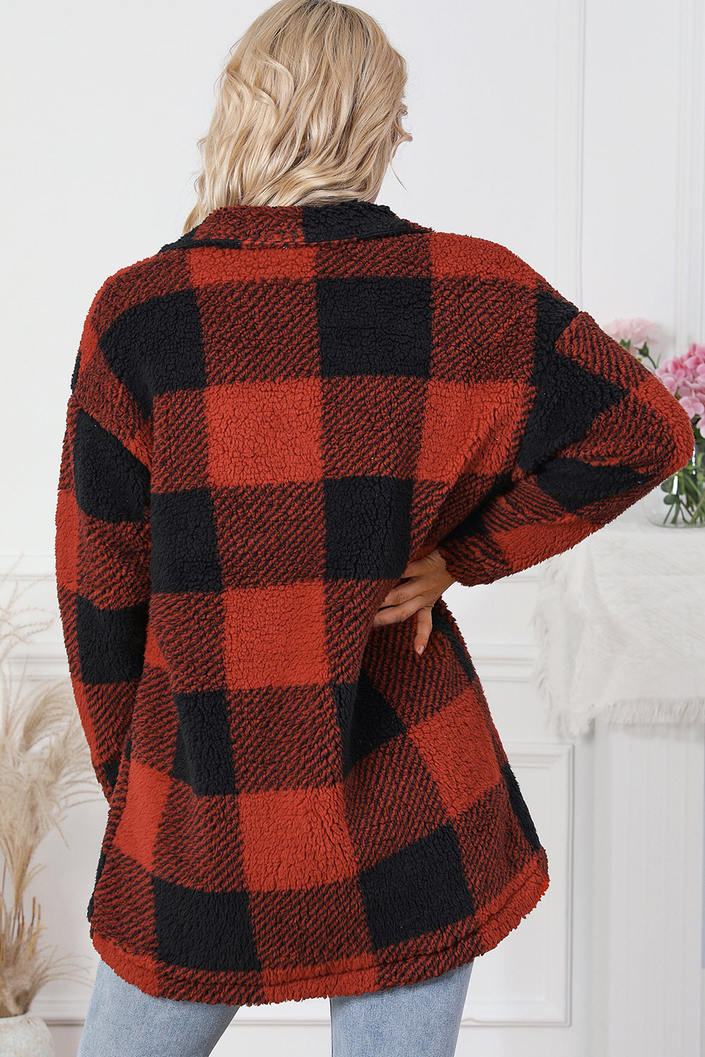 Gragsell - Fuzzy Plaid Flap Button Up Midi Coat -