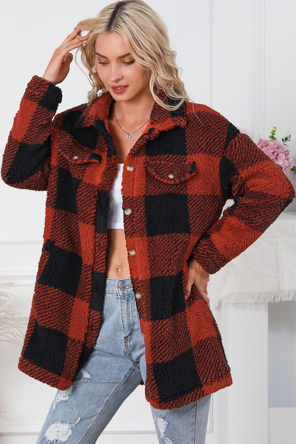 Gragsell - Fuzzy Plaid Flap Button Up Midi Coat - Red