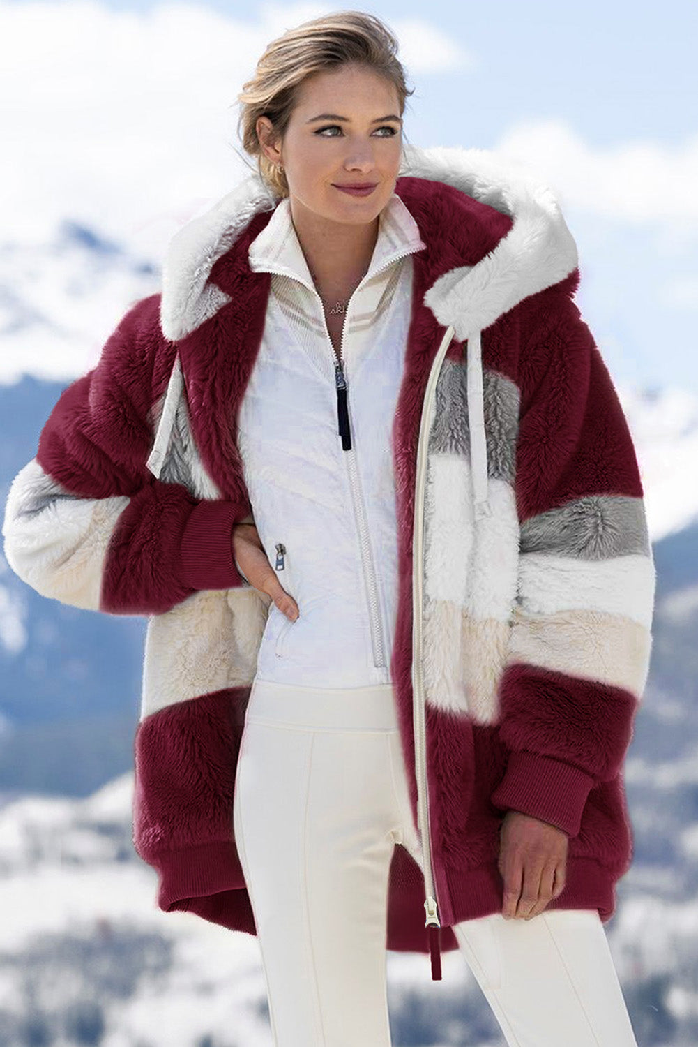 Gragsell - Colorblock Zip Up Sherpa Coat with Hooded - Red