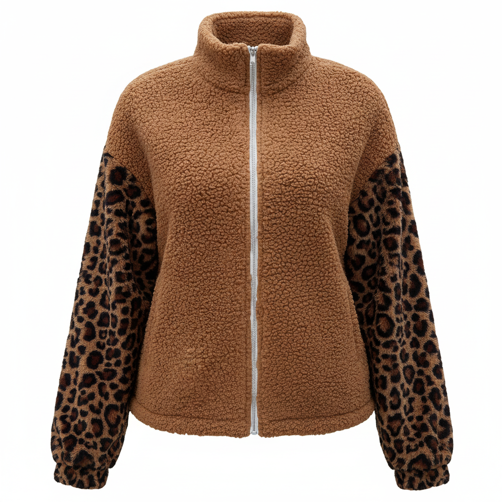 Gragsell - Leopard Raglan Sleeve Zipped Sherpa Coat - Brown