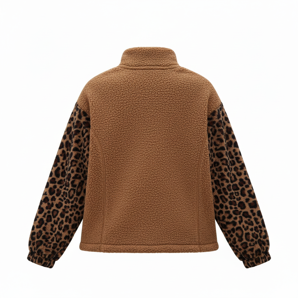 Gragsell - Leopard Raglan Sleeve Zipped Sherpa Coat -
