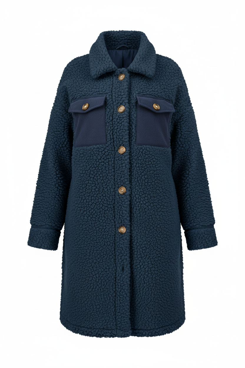 Gragsell - Blue Contrast Flap Pocket Single Breasted Teddy Coat - Blue