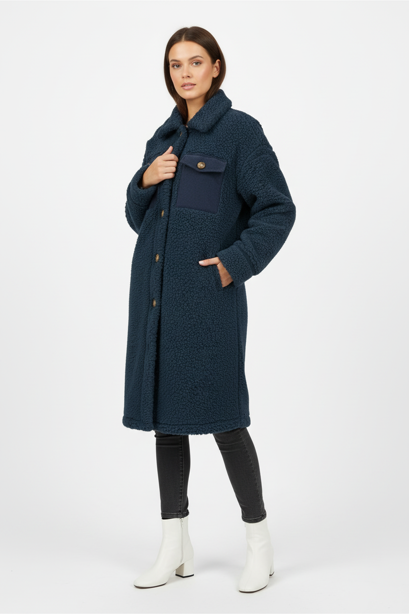 Gragsell - Blue Contrast Flap Pocket Single Breasted Teddy Coat -