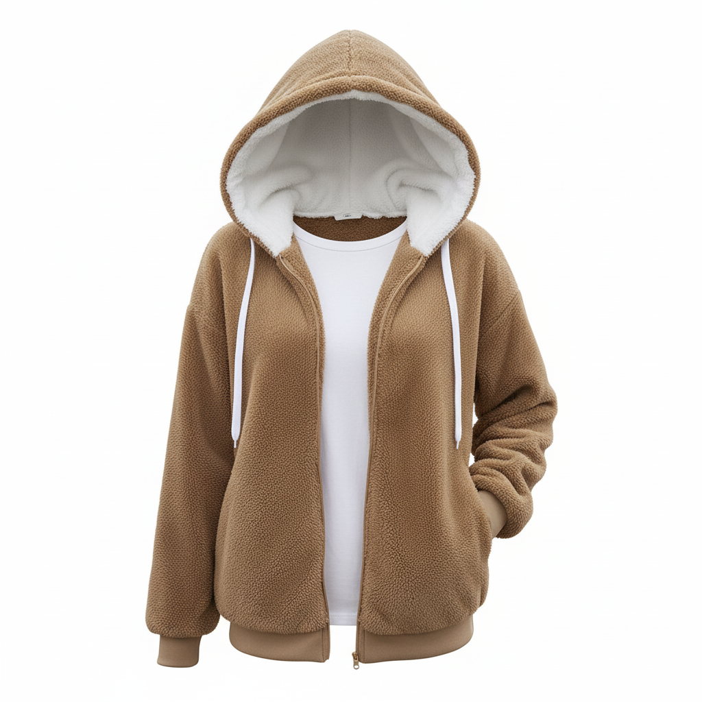 Gragsell - Khaki Plush Zipper Hooded Coat - Khaki