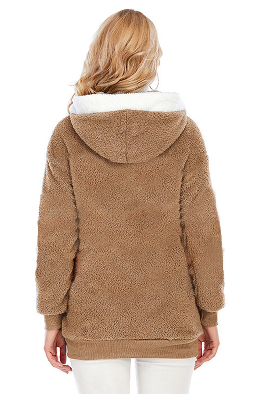 Gragsell - Khaki Plush Zipper Hooded Coat -