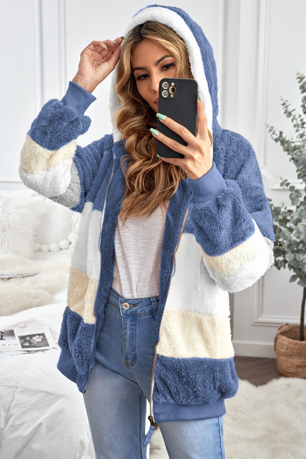 Gragsell - Colorblock Zip Up Sherpa Coat with Hooded - Blue