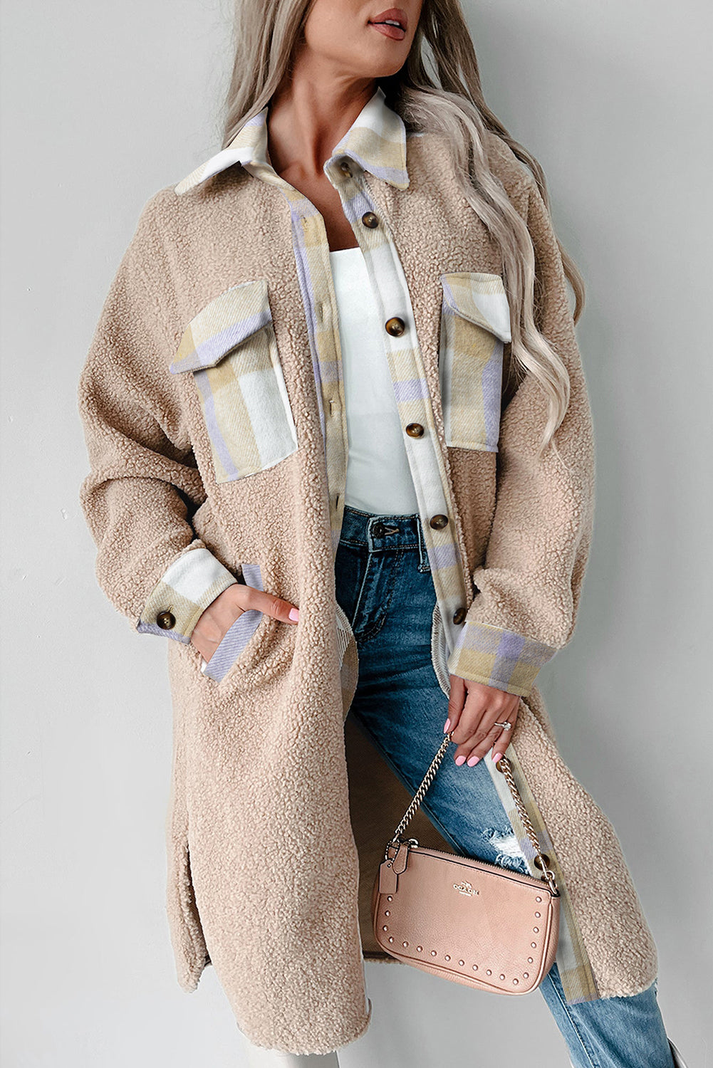 Gragsell - Plaid Patchwork Collared Button-up Sherpa Long Coat - Beige