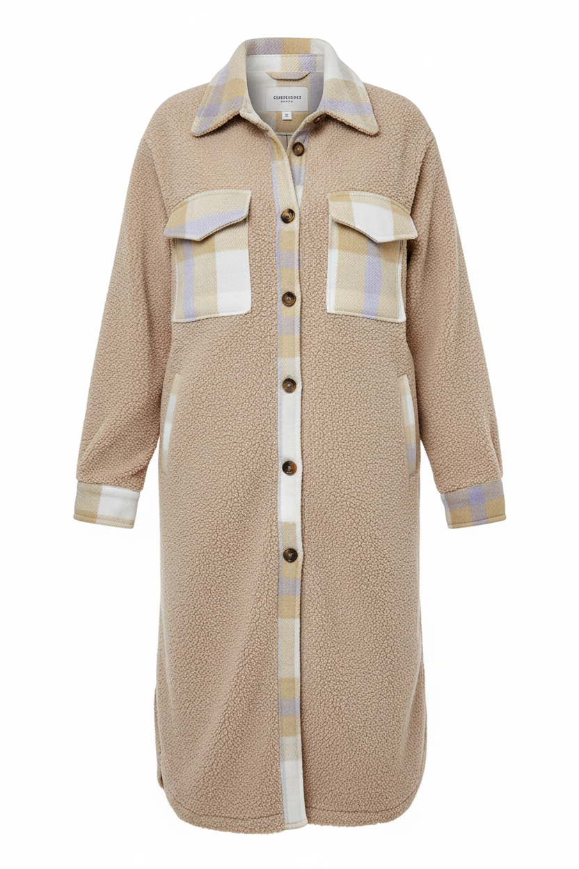 Gragsell - Plaid Patchwork Collared Button-up Sherpa Long Coat -