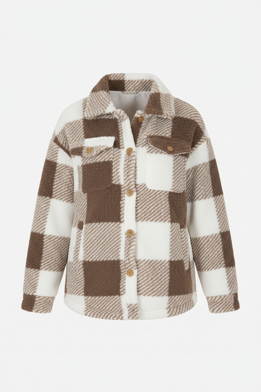 Gragsell - Fuzzy Plaid Flap Button Up Midi Coat -